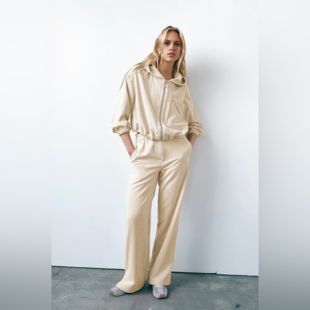 Zara brand- Beige corduroy hooded jacket with matching straight leg pant